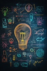 Neon chalkboard with global ideas, innovation, and technology concepts