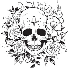 Fototapeta premium Skull with Rose Vector Black Logo Icon Stylized Graphic Skull and Rose Vector Black Logo Icon Bold Edges