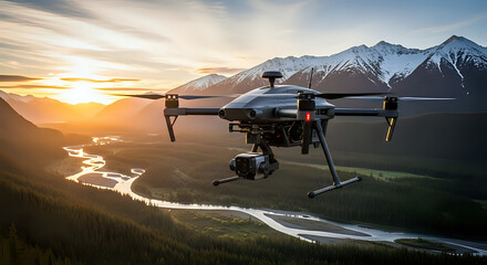 Advanced drone captures breathtaking aerial view of winding river valley and majestic snow-capped mountains at golden hour sunrise