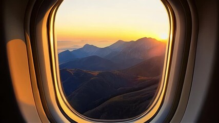 Scenic Mountain Range Sunset View From Airplane Window with Golden Light