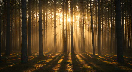 Fototapeta premium Golden Sunrise Rays Filtering Through Misty Pine Forest: Serene, Atmospheric Landscape Photography