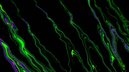 Neon green liquid swirl wave on black background. Innovation technology. Art trippy digital screen. Luxury Backdrop. Royal banner. Template. Tech card. wavy line. Mental Well-being. VR. Science