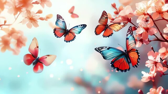 Butterflies flying around pink cherry blossoms in a dreamy and soft focus background scene, 8k vedio