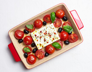 Baked feta cheese with tomatoes and olives. Healthy food. Vegetarian food.