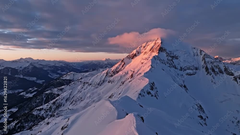 Poster snowcovered mountain at dusk with golden light illuminating its peak and clouds above creating a dra