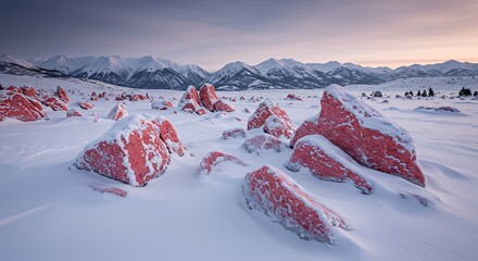 Snow Covered Red Rocks in Mountain Landscape During Sunset
