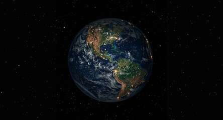 Obraz premium Planet Earth at Night with City Lights and Stars - Global View of North and South America from Space