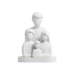 A minimalist white sculpture representing a family of four, featuring a father, mother, and two children. The figures are harmoniously designed to symbolize unity and love.