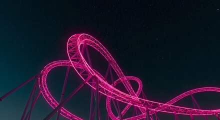 Nighttime Neon Illuminated Roller Coaster with Bright Pink Tracks and Loops