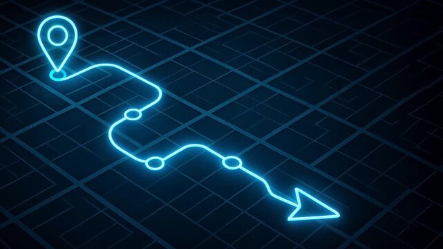 A glowing blue route through a simplified city grid with neon waypoints, multi destination trip, trip coordination, multi trip
