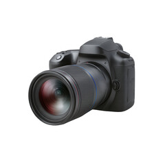 A professional DSLR camera with a large lens, showcasing advanced photographic capabilities and design, ideal for photographers and enthusiasts. White isolated background.