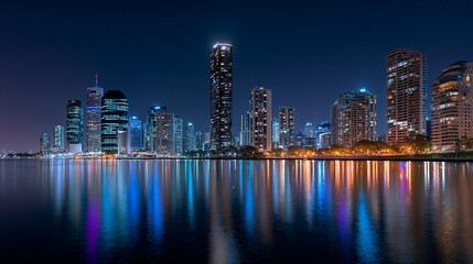 Fototapeta premium Vibrant cityscape skyline at night with illuminated skyscrapers reflecting in the water, showcasing a dynamic urban environment