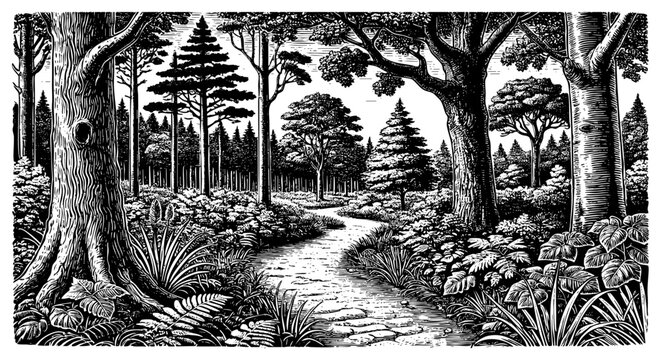 Path in rainforest sketch engraving generative ai fictional character PNG illustration. Black and white image.
