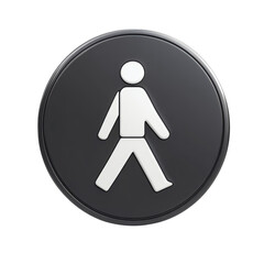Glossy pedestrian sign, a 3D rendering of a walking figure on a round dark gray button, ideal for wayfinding and accessibility projects on transparent background