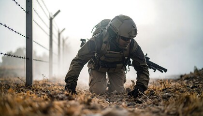 Person Crawling Under Barbed Wire Obstacle Course Training