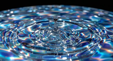 Vivid Water Drop Splash with Holographic Ripples and Light Refractions on Dark Background