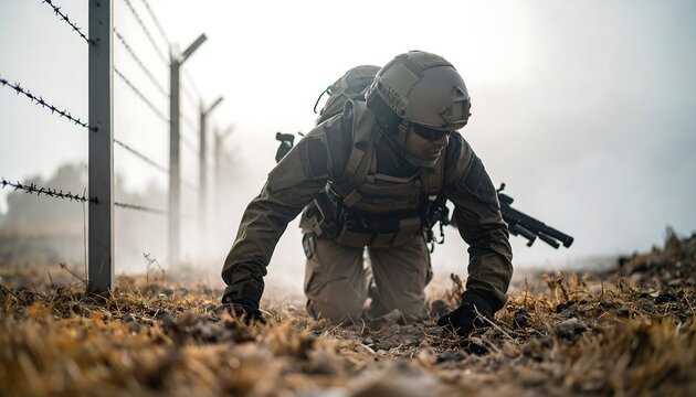 Person Crawling Under Barbed Wire Obstacle Course Training