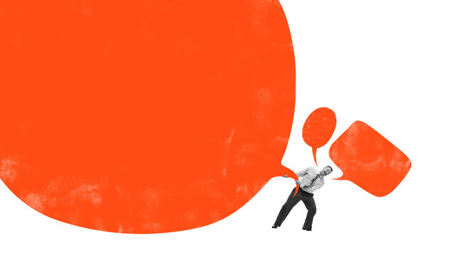 Bright collage of man holding oversized red speech bubbles with expressive copy space. Concept of communication overload, social noise, emotional expression, and digital messaging.