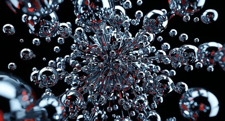 Dynamic Chrome Spheres and Rods Forming an Abstract Explosion on Black Background with Red Accents