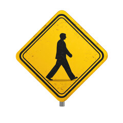 Yellow pedestrian crossing sign with a walking man symbol, caution for safety and awareness of people crossing the road on transparent background