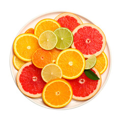 Colorful Platter of Freshly Sliced Mixed Citrus Fruits, Top View isolated on white background 