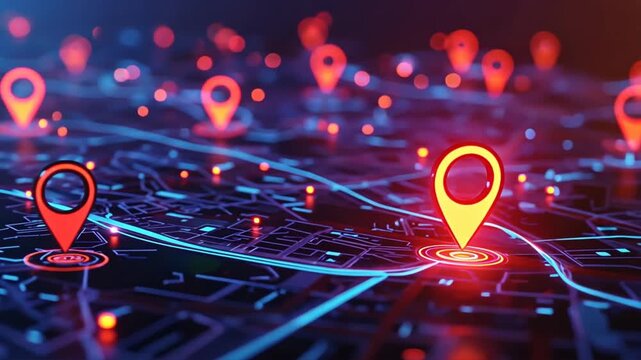 An abstract city map with a glowing red location pin, represents global navigation and travel, multi destination trip, trip coordination, multi trip