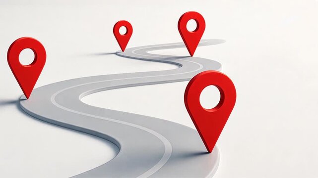 Minimalist road with large red pins as milestones and gray tones and soft lighting, multi destination trip, trip coordination, multi trip