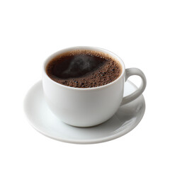Fototapeta premium A steaming cup of fresh coffee on a white saucer, showcasing rich, dark hues and aromatic steam rising. Perfect for coffee lovers and beverage enthusiasts.