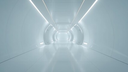 Clean futuristic white corridor with ambient lighting, curved walls, sterile environment, sci-fi mood, minimalism