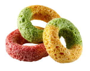 Three colorful ring-shaped snacks layered