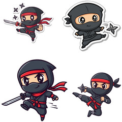 Set of Cute Cartoon Ninja Characters Stickers