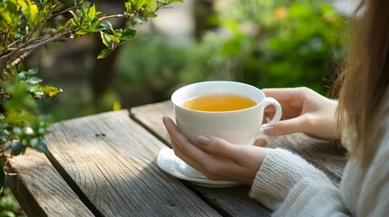 Photograph of a woman holding a steaming white cup of tea on a wooden table, surrounded by greenery.