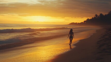 Photograph of a silhouetted woman walking along a golden beach at sunset, with ocean waves and palm trees in the...