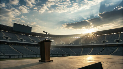 Empty stadium podium with dramatic sunset and sunbeams