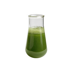 A transparent glass beaker filled with a vibrant green beverage, showcasing bubbles and a textured surface, against a white isolated background.