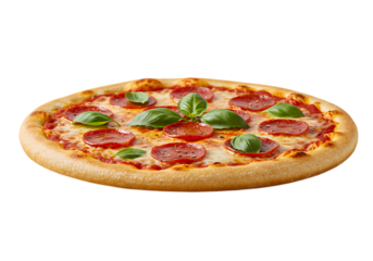 Delicious Pepperoni Pizza with Melted Cheese and Fresh Basil