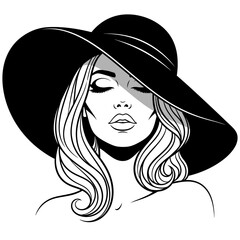 Elegant woman with flowing hair and wide-brimmed hat, exuding timeless beauty and sophisticated style