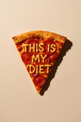 Funny Slice of Pepperoni Pizza with Cheesy Quote "This Is My Diet" — Bold Food Typography in Minimal Overhead Style, Beige Background, Humor for Pizza Lovers and Snack Culture