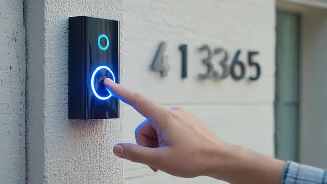 Pressing smart doorbell button illuminates blue ring on modern home exterior. Smart house concept.