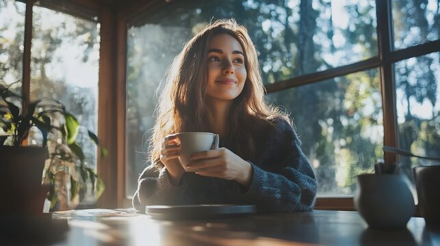 Photograph of a woman in a window, holding a mug, bathed in soft sunlight and surrounded by greenery.