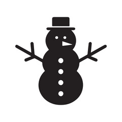 Simple snowman silhouette icon. Black winter character with top hat and carrot nose, isolated vector graphic for Christmas holiday.
