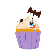 Halloween cupcake with eyeball, bat and spider. Flat vector illustration.