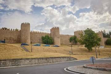 View of the famous medieval city walls of Avila, Spain