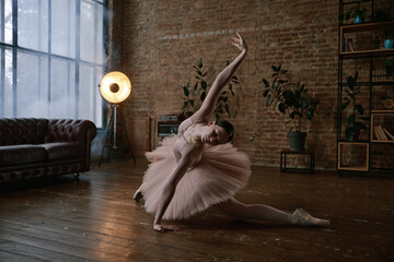A graceful ballet dancer posing elegantly in a beautiful artistic studio setting