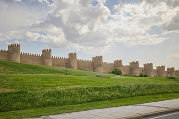 View of the famous medieval city walls of Avila, Spain