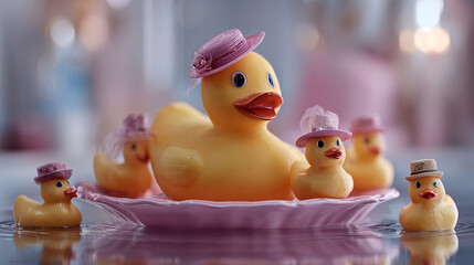 A mother rubber duck wearing a pink hat leads her ducklings in a pink bowl, all adorned with small hats, symbolizing family and fun
