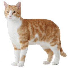 An adorable orange and white cat standing elegantly against a white isolated background, showcasing its striking coat patterns and curious demeanor.