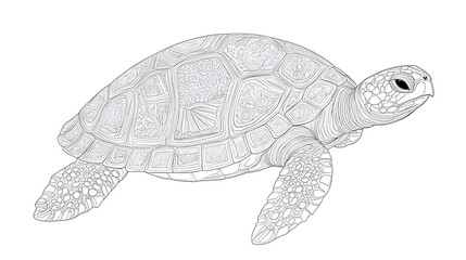 Fototapeta premium Photograph of black and white line drawing depicts a turtle with intricate shell patterns resembling scales and...
