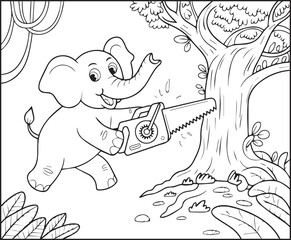 Obraz premium Cute cartoon elephant cutting tree by saw in forest black line art vector illustration for children coloring page design