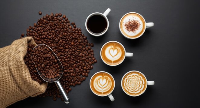Coffee Artistry: An elegant composition of freshly roasted coffee beans spilling from a rustic burlap sack, artfully arranged alongside a selection of diverse coffees.